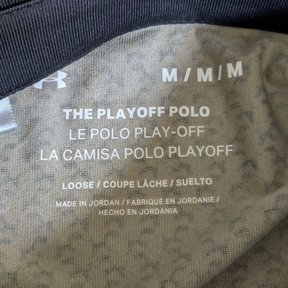 Under Armour Playoff Polo Shirt M Tan Black Micro Print UPF 40 Loose Fit READ - Picture 5 of 11